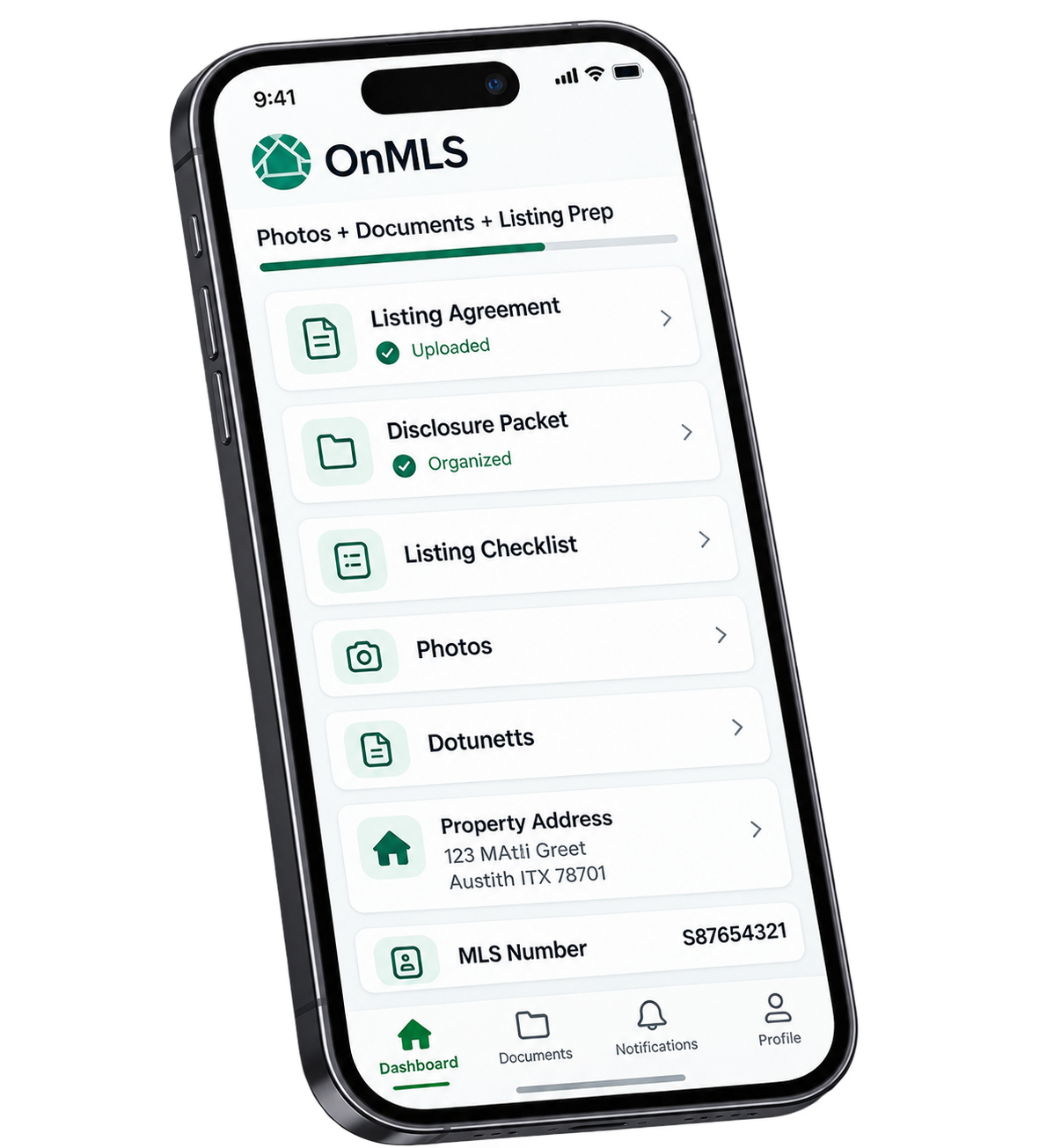OnMLS document checklist with digital listing documents