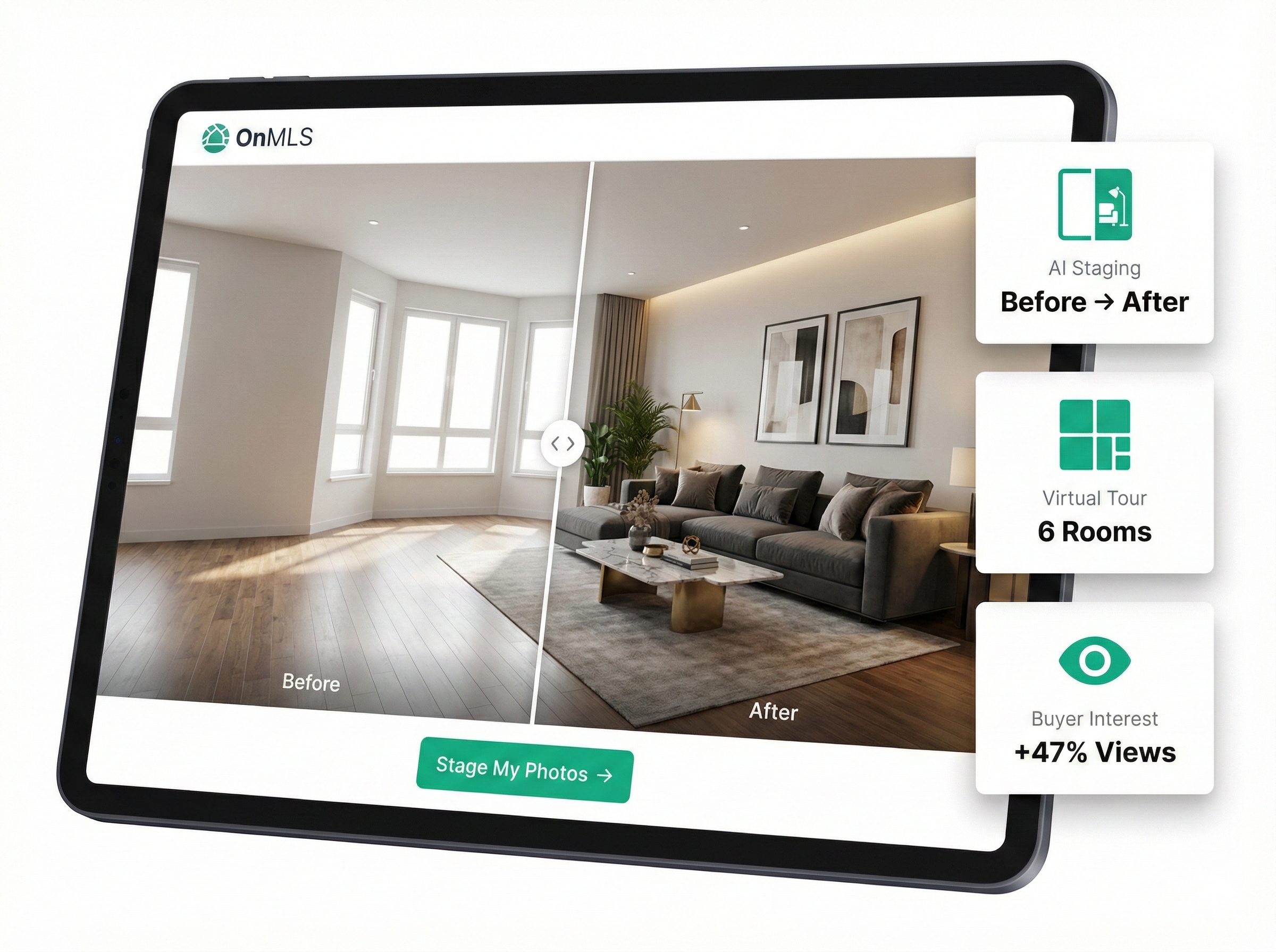 Virtual staging tablet mockup showing 3D home tour with AI staging before/after